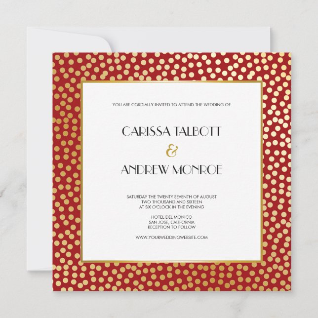 Convites Confetti Moderno Bolinhas Vermelho e Dourado (Frente)