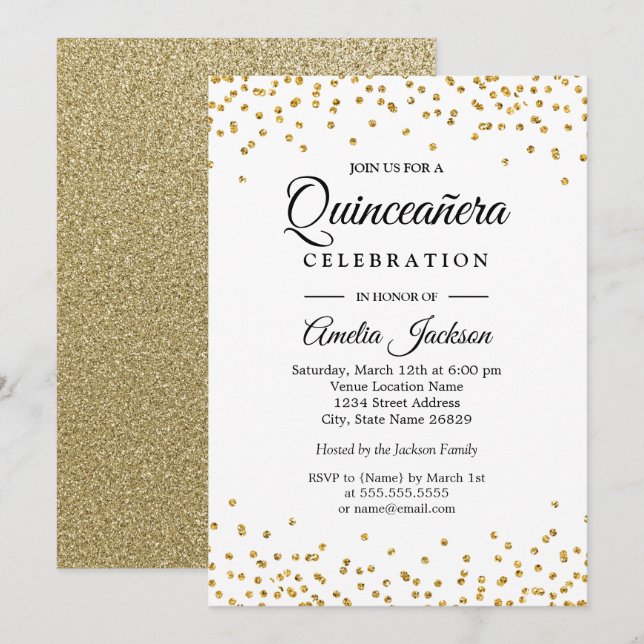 Convites Confetti Quinceanera, Confetti Dourado Sparkle (Frente/Verso)