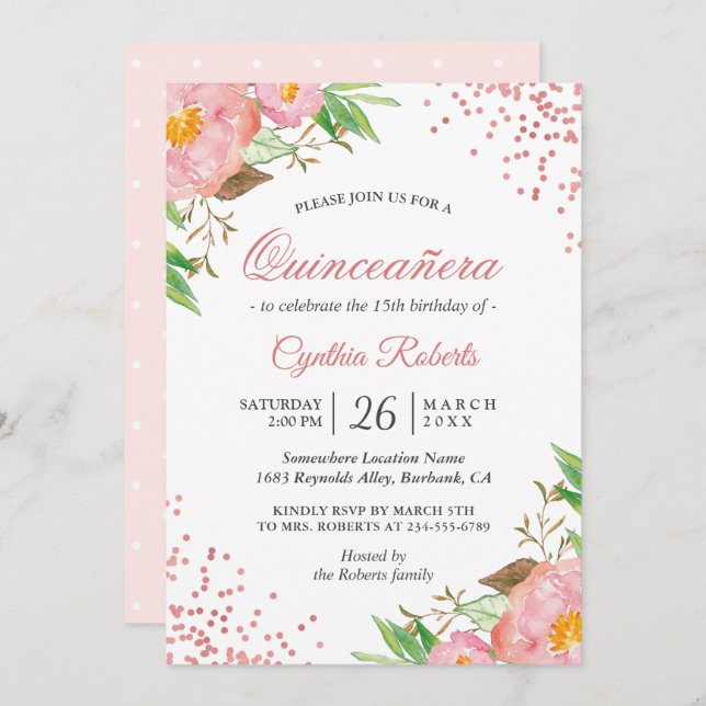Convites Confetti Quinceañera, Confetti Floral Cor-de-Rosa  (Frente/Verso)