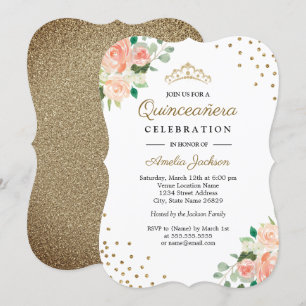 Convites Confetti Quinceanera Dourado Peach