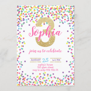 Convites Confetti Rainbow aniversário de 3 anos Dourado