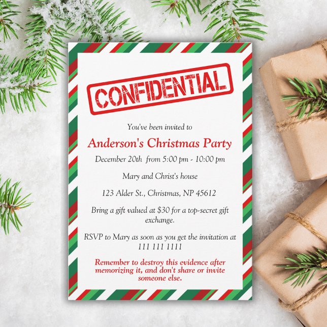 Convites Confidencial | Festa de Natal divertida (Get your funny Christmas party invitations now and let your guests know about the event! Order now!)