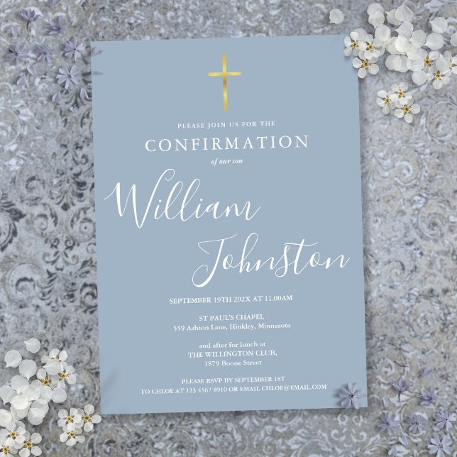 Convites Confirmação Azul Dourada e Elegante Moderna (Modern Elegant Gold Cross Dusty Blue Confirmation Invitation)