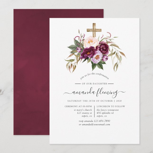 Convites Confirmação Burgundy/Marsala e Peach (Frente/Verso)