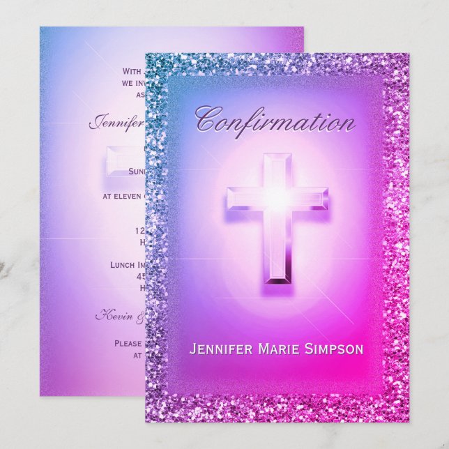 Convites Confirmação com Cruz Brilhante em Cores Arco-Íris. (Frente/Verso)