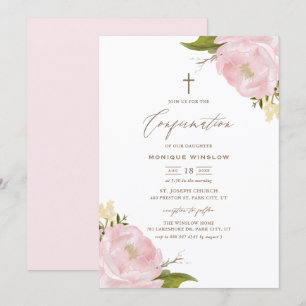 Convites Confirmação cor-de-rosa das peônias da aguarela