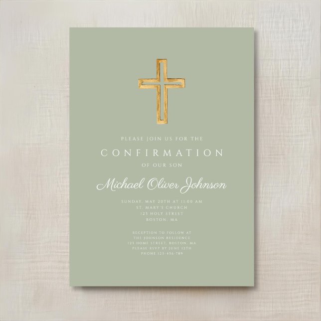 Convites Confirmação Cruz Religiosa Verde Sage Moderna (Modern Sage Green Religious Cross Confirmation Invitation)