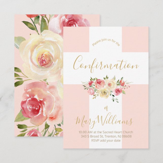 Convites Confirmação da cruz branca e flores católicas (Frente/Verso)