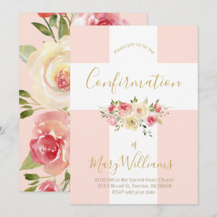 Convites Confirmação da cruz branca e flores católicas