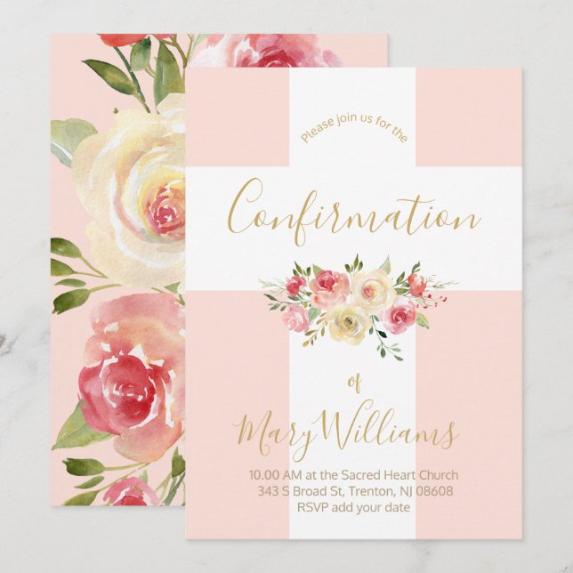 Convites Confirmação da cruz branca e flores católicas (Frente/Verso)