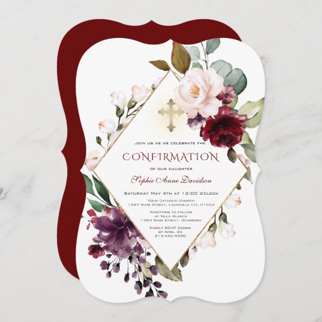 Convites Confirmação da Cruz Floral de Blush Burgundy Elega (Frente/Verso)