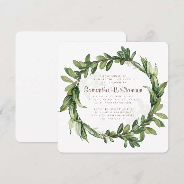 Convites Confirmação da Folhagem Verde Moderna (Frente/Verso)