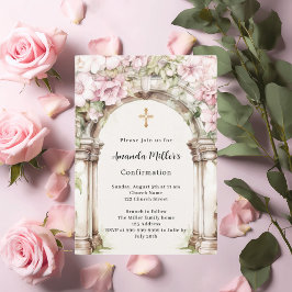Convites Confirmação da garota bege de arco floral rosa
