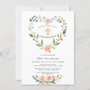 Convites Confirmação de Blush Floral Heart Frame Cross Gi