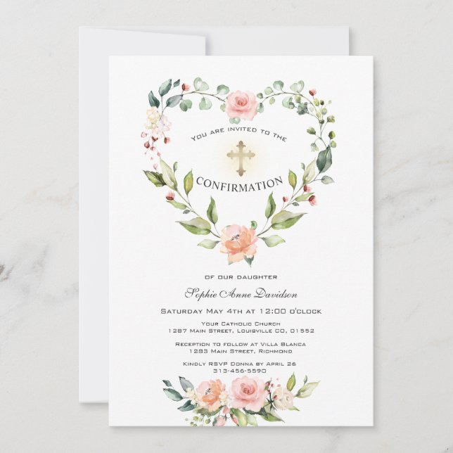 Convites Confirmação de Blush Floral Heart Frame Cross Girl (Frente)