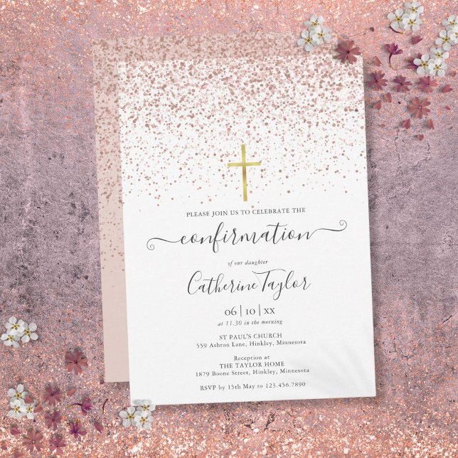 Convites Confirmação de Brilho Dourado Rosa Moderno (Modern Rose Gold Glitter Confirmation Invitation)
