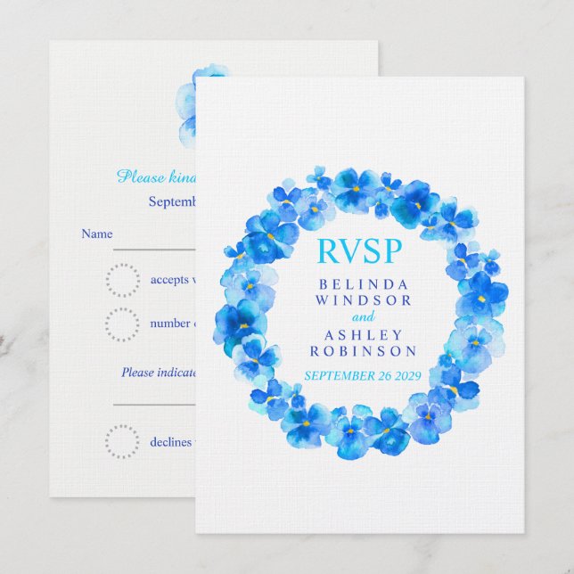 Convites Confirmação de casamento floral pansy azul (Frente/Verso)