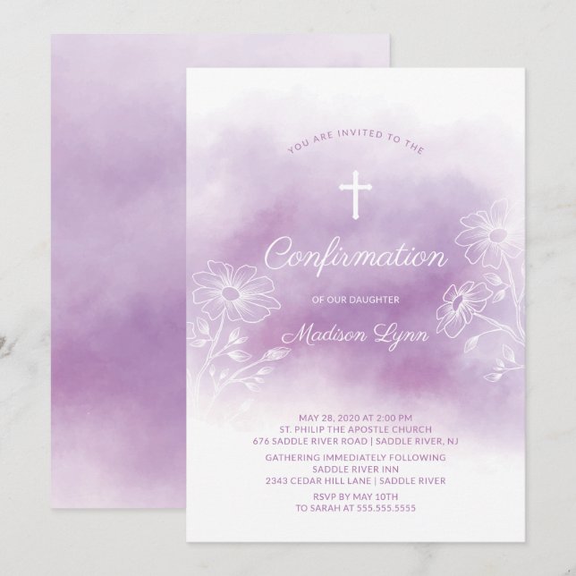 Convites Confirmação de Cores d'Água Púrpura (Frente/Verso)