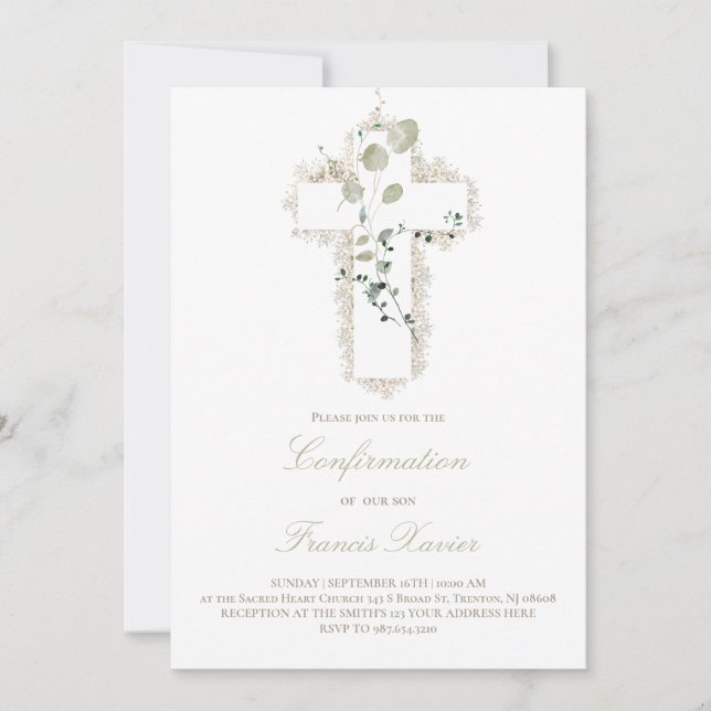 Convites confirmação de cruz branca das folhas verdes (Frente)