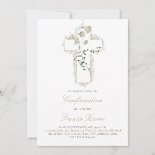 Convites confirmação de cruz branca das folhas verdes