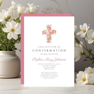 Convites Confirmação de Cruz Floral Rosa Elegante para Meni