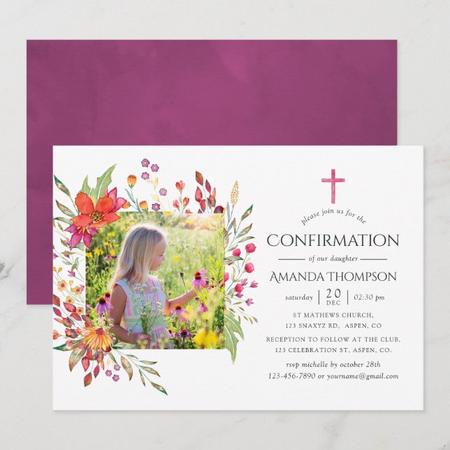 Convites Confirmação de Flor Silvestre Aquarela (Frente/Verso)