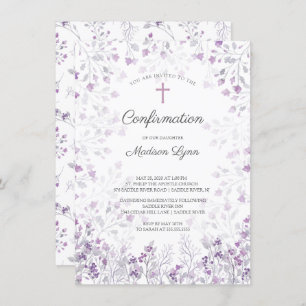 Convites Confirmação de Flores Roxas Delicadas de Aquarela