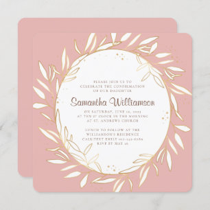 Convites Confirmação de Folhagem Dourada Moderna a Rosa