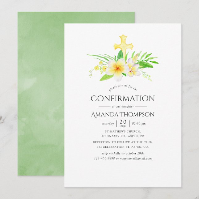 Convites Confirmação de Frangipani em Aquarela (Frente/Verso)