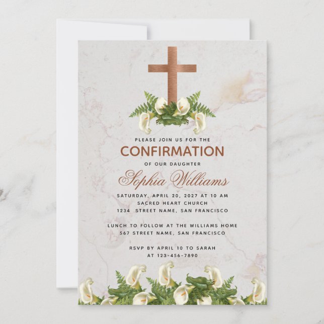 Convites Confirmação de Garota Cruzada Calla Lily Marble (Frente)