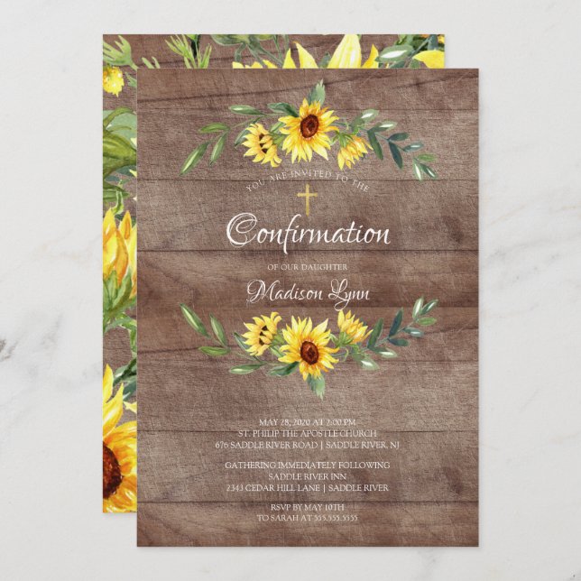 Convites Confirmação de Girassóis Amarelos Russos (Frente/Verso)
