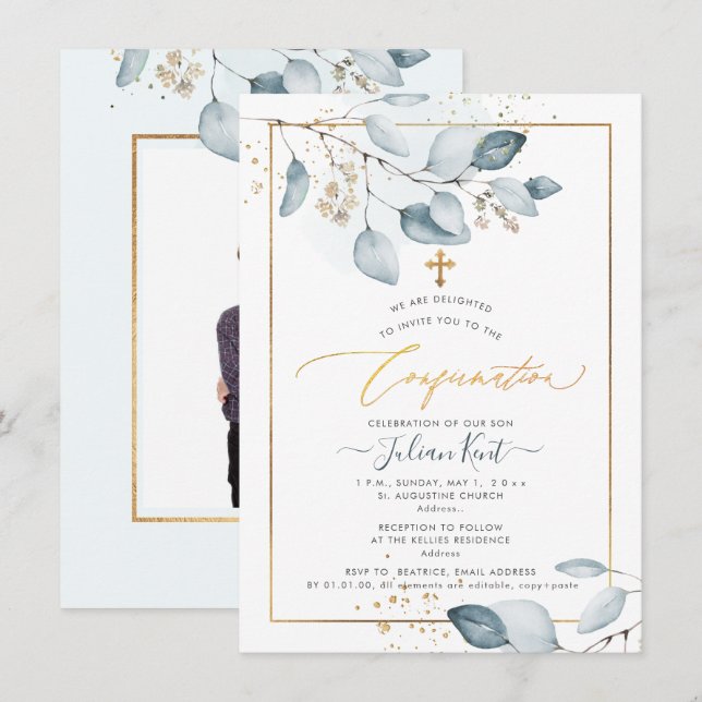 Convites Confirmação de Goma Azul PixDezines Eucalyptus (Frente/Verso)