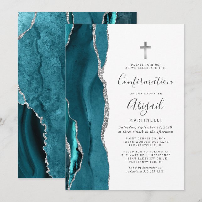 Convites Confirmação de Largura de Prata de Agato Teal (Frente/Verso)