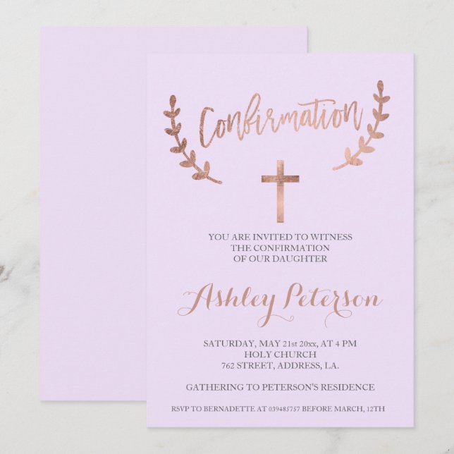 Convites confirmação de lavanda de tipografia rosa gold (Frente/Verso)