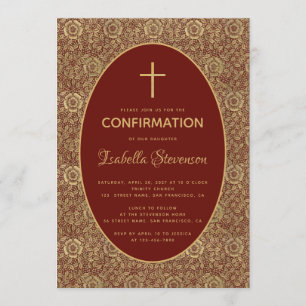 Convites Confirmação de Menina Bordô Rosas Douradas Elegant