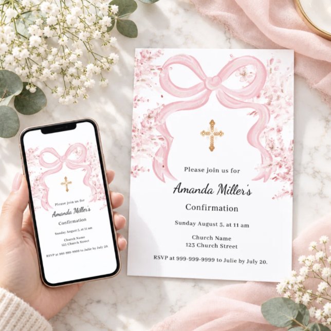 Convites Confirmação de menina com flores e laço rosa (Criador carregado)