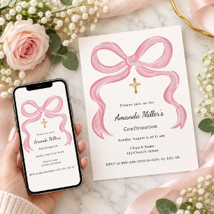 Convites Confirmação de menina com laço rosa e creme