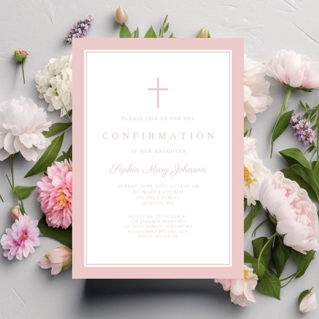 Convites Confirmação de Menina Cruz Rosa Moderna (Modern Pink Cross Girl Confirmation Invitation)