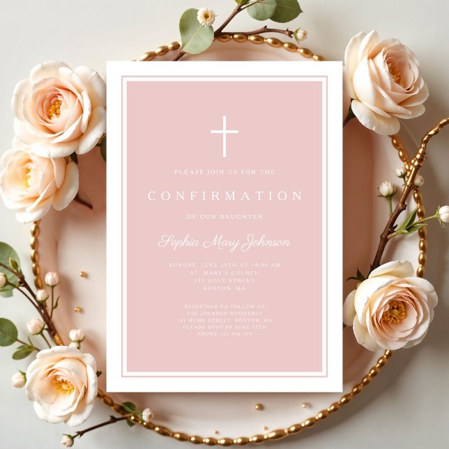 Convites Confirmação de Menina Cruz Rosa Moderno (Modern Blush Pink Cross Boy Confirmation Invitation
)