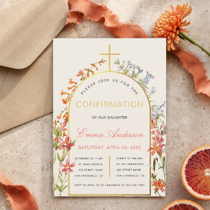 Convites Confirmação de Menina Flor Gold Arch e Flores Silv
