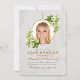 Convites Confirmação de Menina Foto Floral Mármore Branco L
