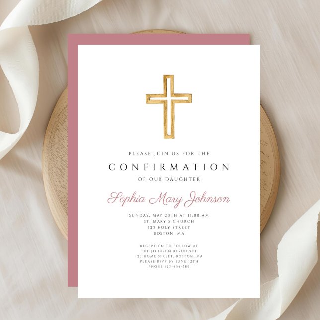Convites Confirmação de Menina Religiosa Rosa Elegante (Elegant Pink Religious Cross Girl Confirmation Invitation)