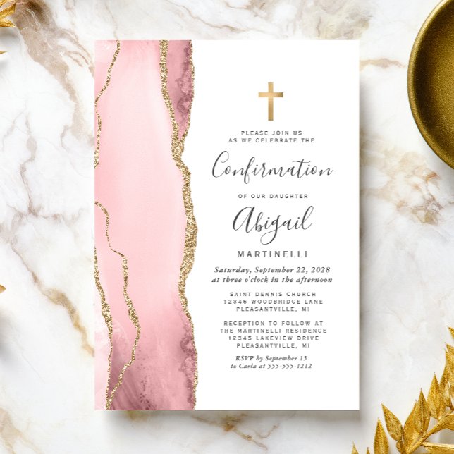 Convites Confirmação de Meninas com Brilho Dourado e Ágata  (Criador carregado)