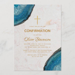 Convites Confirmação de Menino Blue Geode Agate Dourado Cro