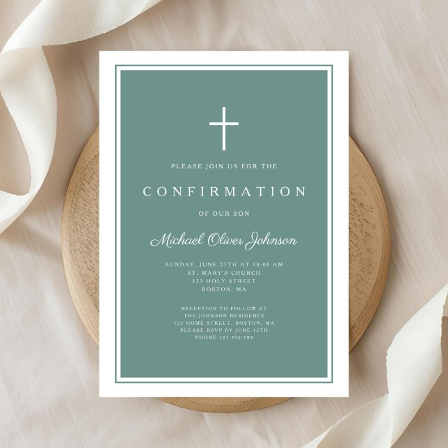Convites Confirmação de Menino Cruz Verde Moderna (Modern Green Cross Boy Confirmation Invitation)