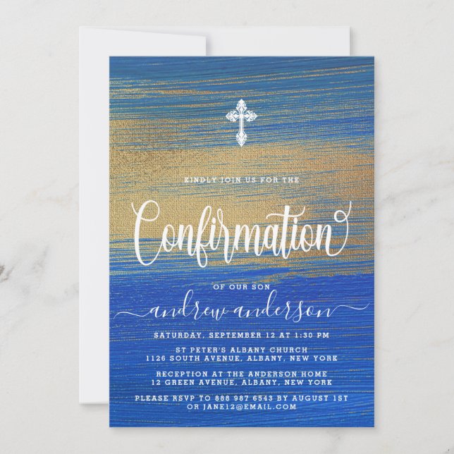 Convites Confirmação De Menino Dourado E Azul Elegante (Frente)
