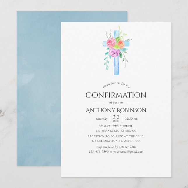 Convites Confirmação de Menino Floral Aquarela Pastel (Frente/Verso)