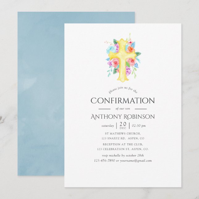 Convites Confirmação de Menino Floral em Aquarela Pastel (Frente/Verso)