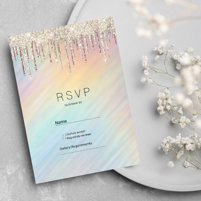 Convites Confirmação de presença com brilho holográfico em  (Rainbow holographic gold glitter drips RSVP)
