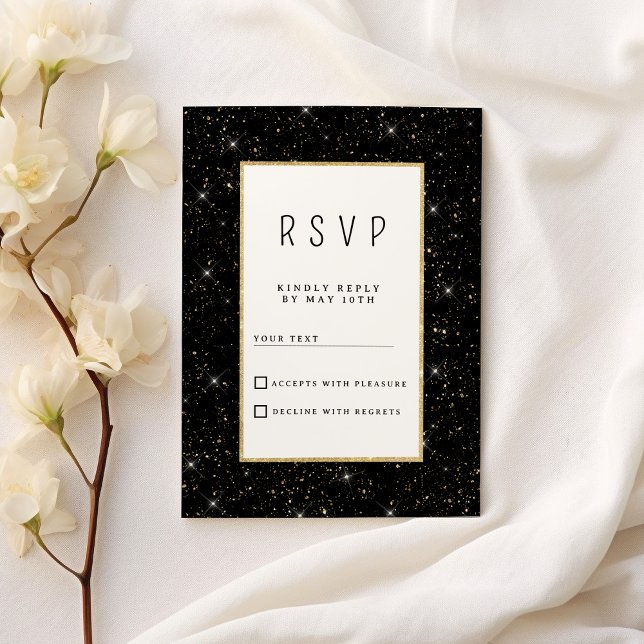 Convites Confirmação de presença com glitter preto e dourad (Black and gold sparkly glitter confetti RSVP )